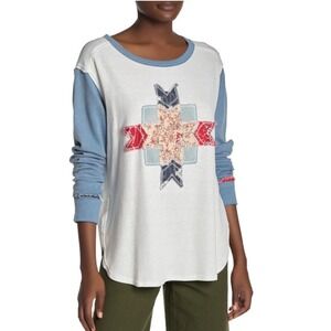 We The Free People White Lone Star Patchwork Thermal Long Sleeve Tee Women Small